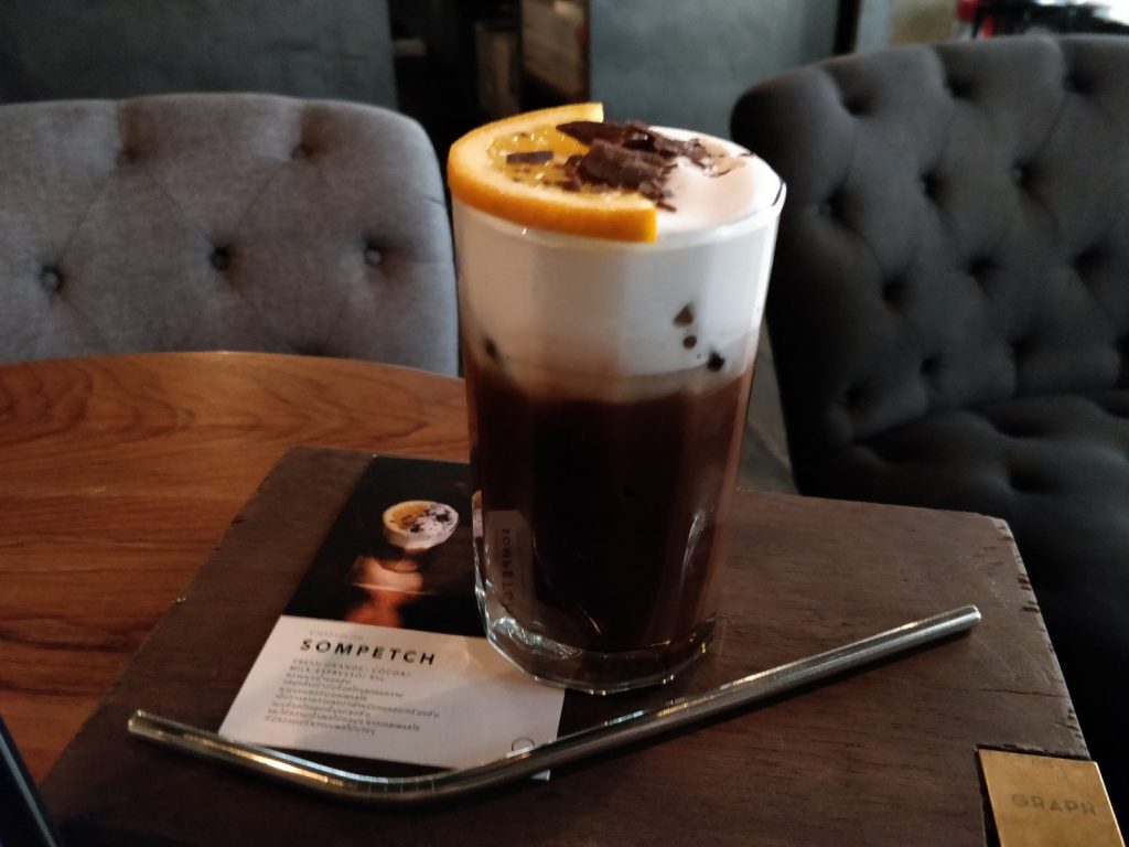 Orange Cocoa Milk Espresso drink at Graph gourmet coffee in Chiang Mai, Thailand. These were insanely delicious.